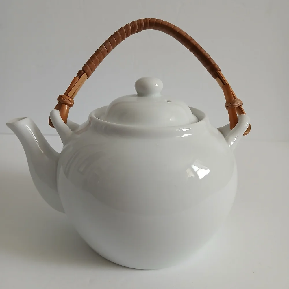 Pier 1 White Tea Set Boho Rafia Handle Asian Cottage